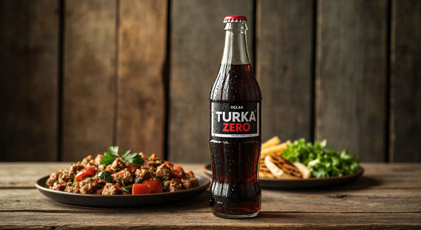 A chilled glass bottle of Cola Turka Zero with condensation droplets, placed on a rustic wooden table beside a plate of Turkish meze.
