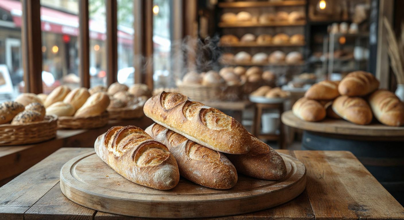 A rustic wooden table in a cozy Turkish bakery displays a golden-brown mini baguette with a crisp crust beside a slender, traditional French baguette, both emitting warm steam.