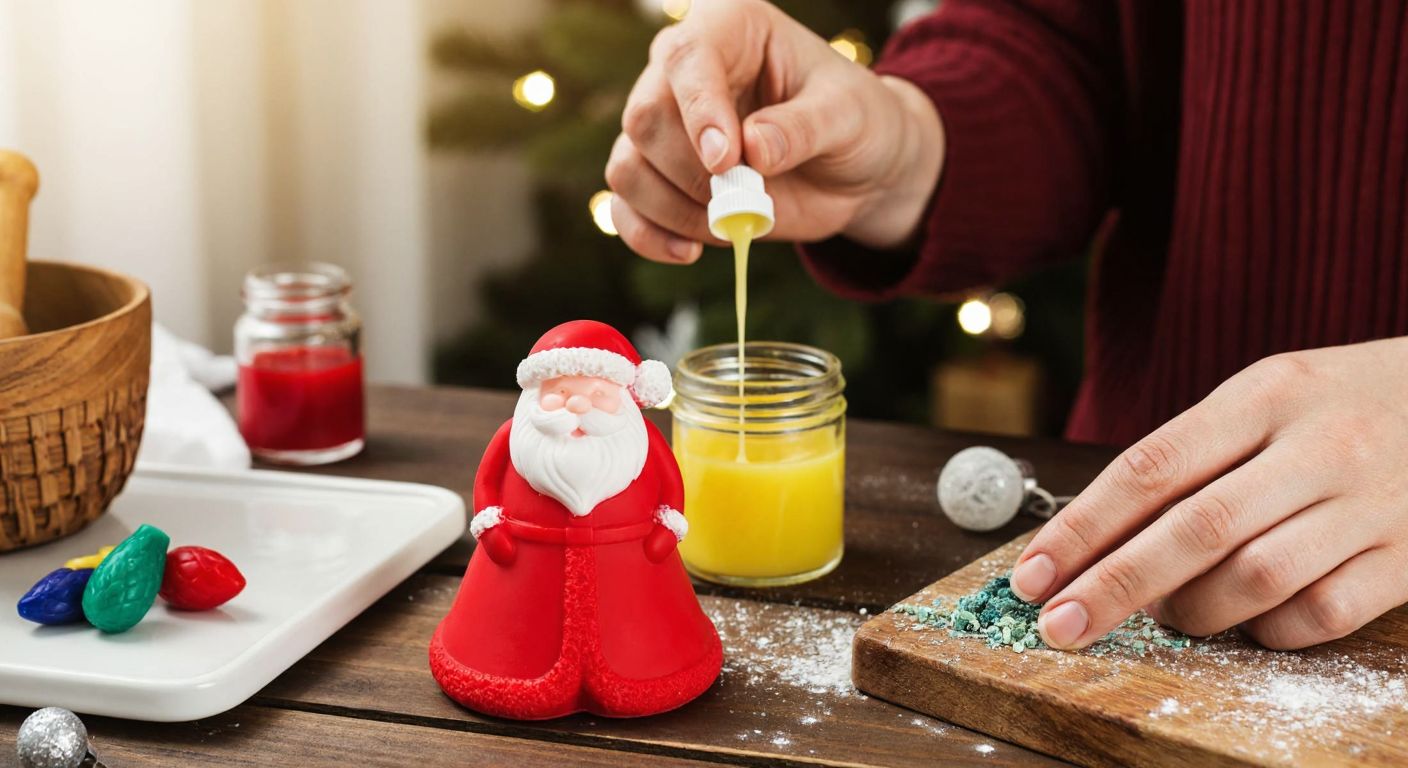 A warm, festive workshop scene with a red-robed Santa Claus-shaped silicone mold resting on a wooden table, surrounded by melted wax, colorful dyes, and essential oils, while a pair of hands carefully pours liquid wax into the mold.