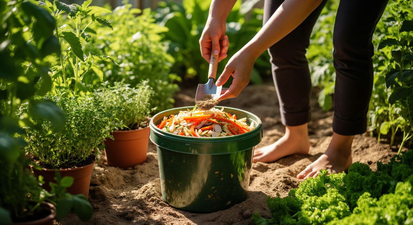 A person in a sunlit Turkish garden layers chopped vegetable scraps and bokashi bran in a sealed bucket, surrounded by fresh herbs and a small trowel.