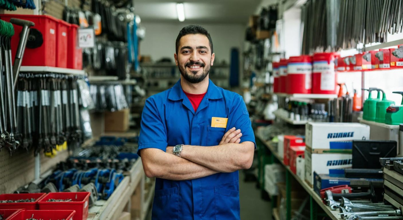 A sturdy Turkish man in a blue work uniform stands proudly in a bustling hardware store, surrounded by neatly arranged industrial tools and machinery, with a warm smile reflecting his pride in the family business.