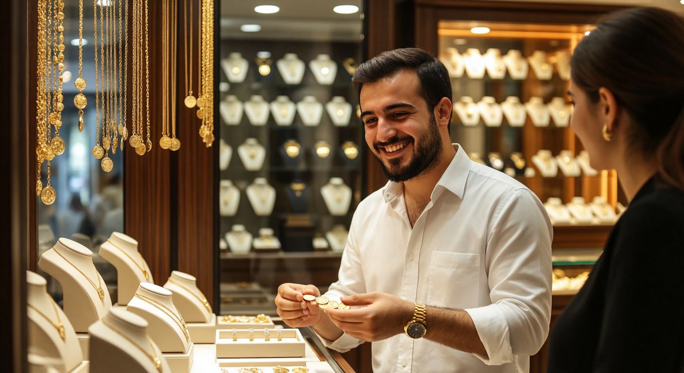 A warmly lit jewelry shop in Istanbul’s Kağıthane district, with a smiling Turkish jeweler in a crisp white shirt showcasing delicate gold necklaces and investment coins to a curious customer.