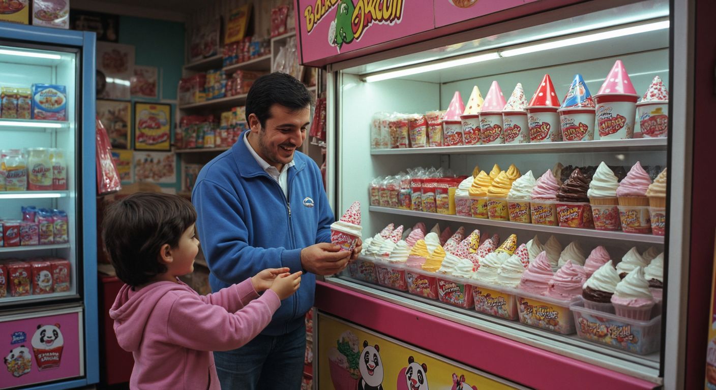 A nostalgic Turkish bakkal (corner shop) in the 1990s, with a colorful freezer displaying Panda-branded ice cream with hat-shaped wrappers, Frigo Alaska bars, simple cone ice creams, and Meybuz popsicles, while a smiling shopkeeper hands a Nogger ice cream to a delighted child.