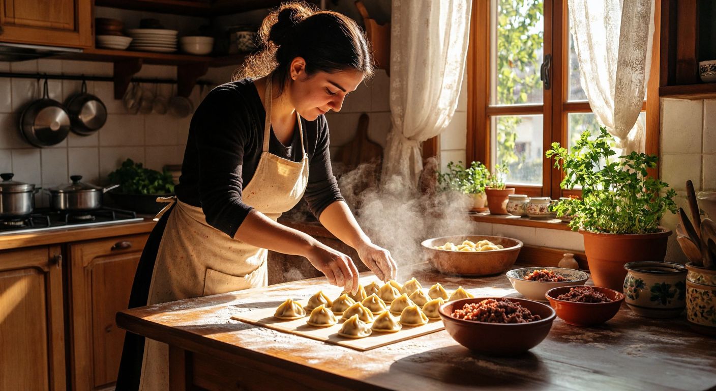 A Turkish woman in a sunlit kitchen rolls out golden dough on a flour-dusted wooden table, surrounded by small, neatly folded manti dumplings and a bowl of minced meat filling.