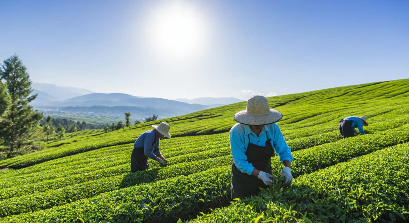 A lush green tea plantation in Turkey under a bright sun, with workers in wide-brimmed hats carefully plucking fresh tea leaves during harvest season.