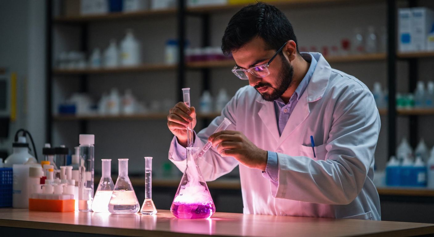 A focused Turkish chemist in a white lab coat carefully adds a clear liquid from a glass burette into a swirling pink solution in an Erlenmeyer flask, with other lab equipment neatly arranged on a wooden table under warm laboratory lighting.