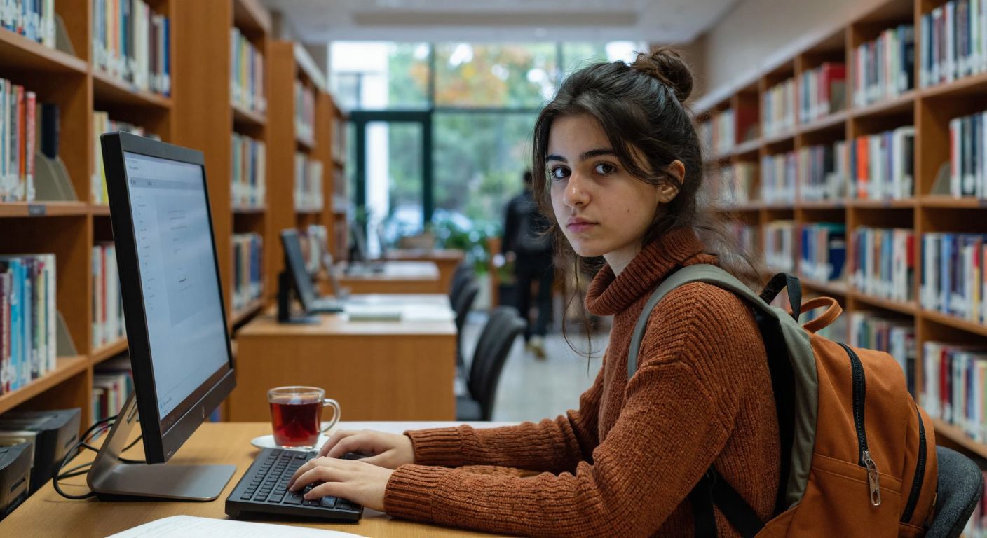 A young student in a university library in Turkey, wearing a backpack and looking focused, sits at a computer with a login screen displayed, while a warm cup of çay rests beside the keyboard.