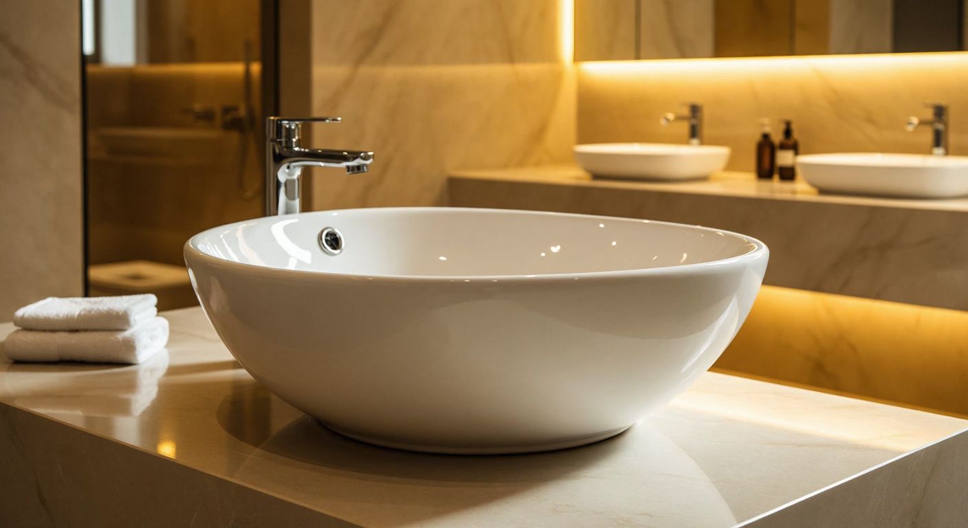 A sleek, modern white ceramic monoblock sink with a smooth, glossy surface, placed in a minimalist Turkish bathroom with marble countertops and warm golden lighting.