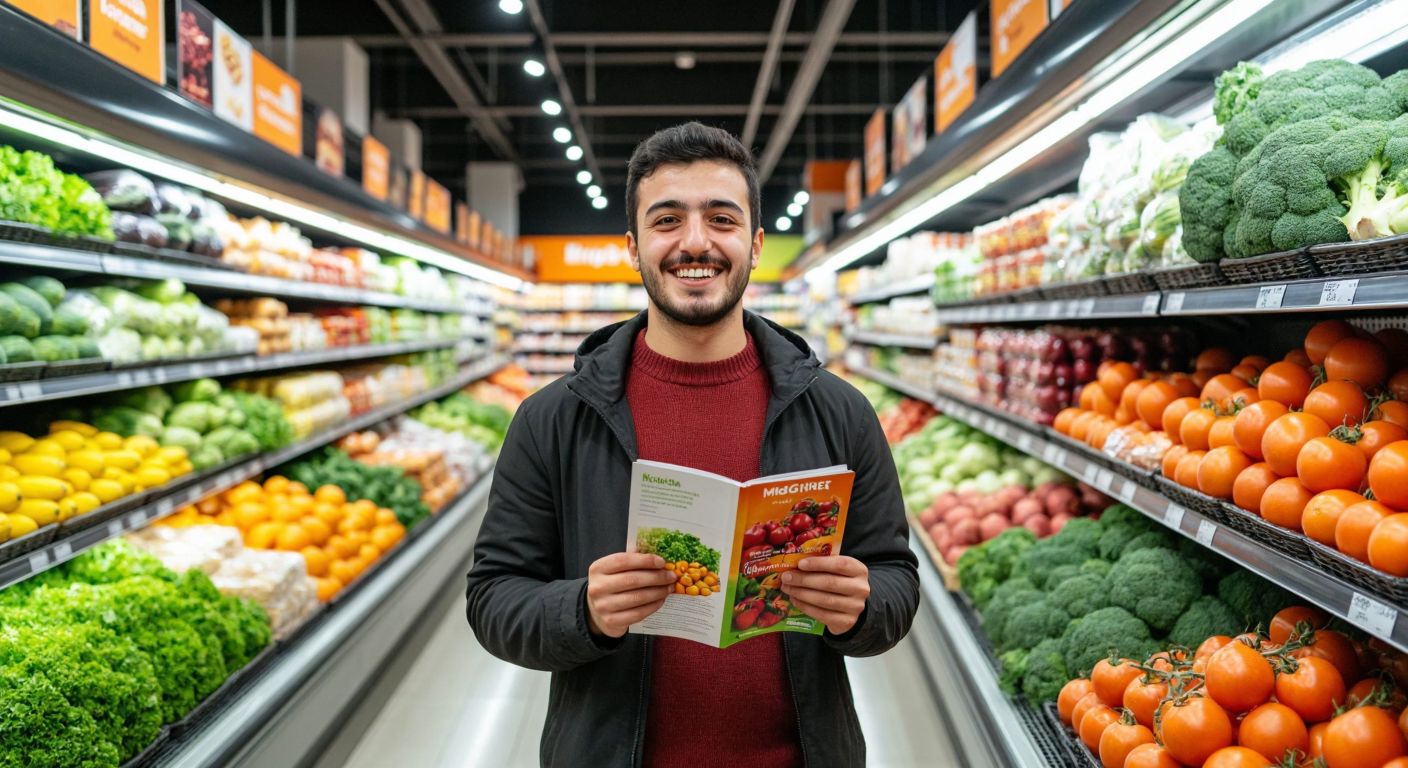A cheerful Turkish shopper in a bright Migros supermarket aisle, holding a colorful printed brochure while smiling at neatly stacked shelves of fresh produce and local products.