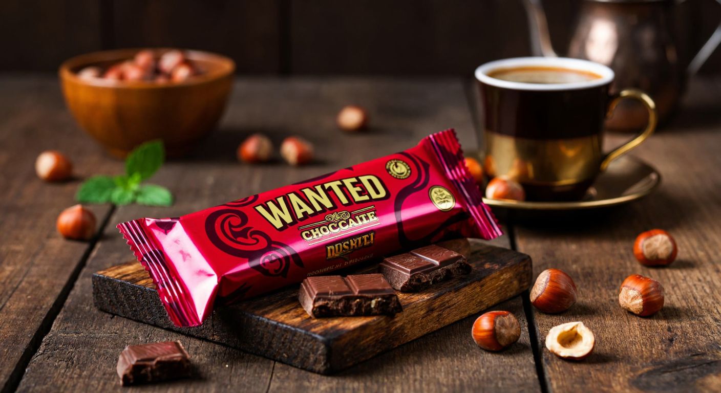 A vibrant, unwrapped **Wanted** chocolate bar with its distinctive red and gold packaging resting on a rustic wooden table in a Turkish café, surrounded by scattered hazelnuts and a steaming cup of Turkish coffee.