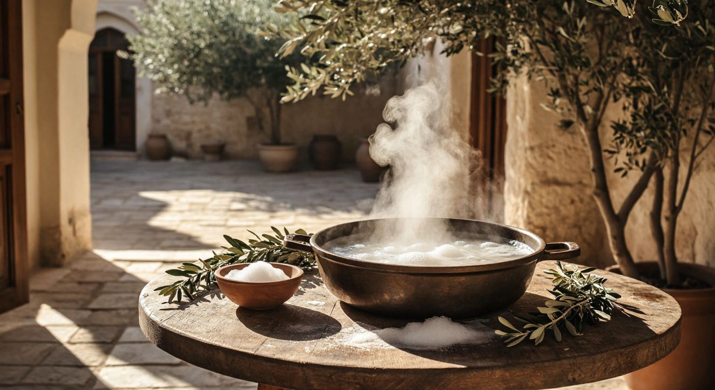 A rustic wooden table in a sunlit Turkish courtyard holds a bubbling pot of soap mixture, with a small bowl of wood ash beside it, surrounded by olive branches and dried herbs.