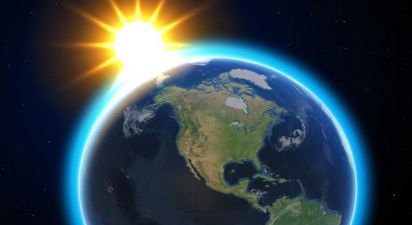 A tilted globe with a glowing sun in the background, casting shifting rays of light across Earth's surface, illustrating the dynamic movement of the tropics due to axial tilt.