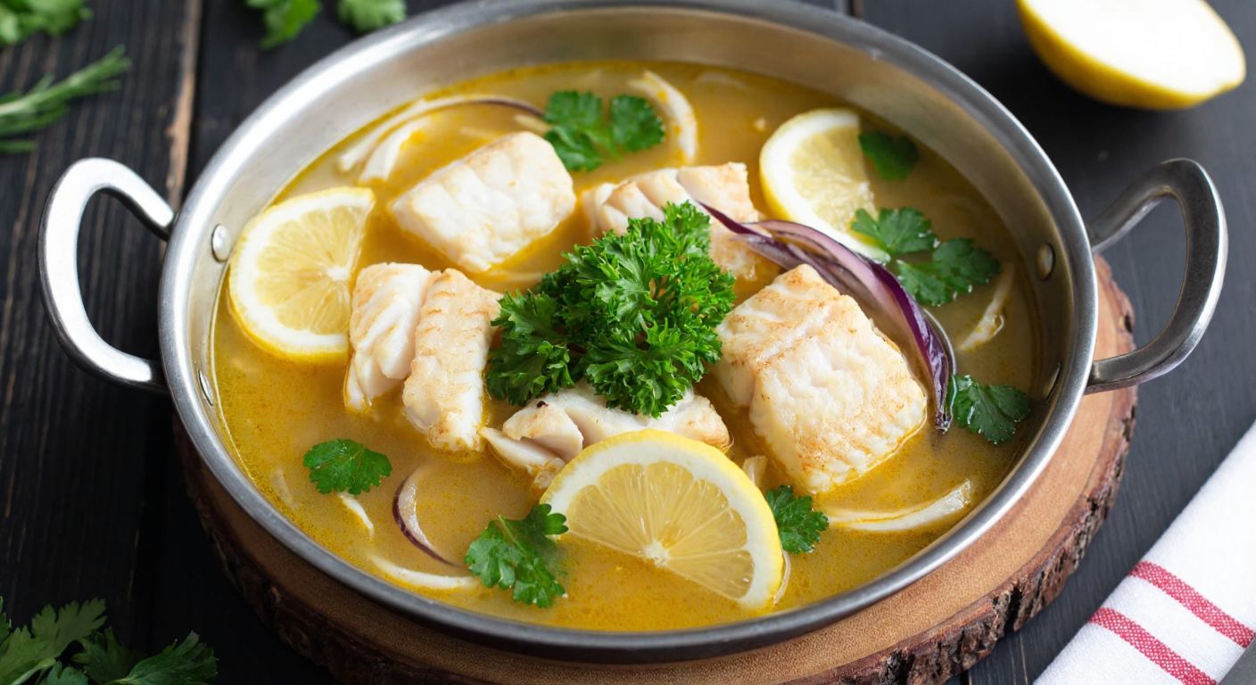 A steaming bowl of golden fish soup, filled with chunks of white-fleshed sea bass and scorpionfish, garnished with fresh parsley and lemon slices, resting on a rustic wooden table by the Bosphorus shore.