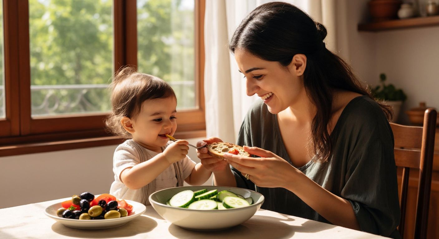 A smiling Turkish mother gently feeding her toddler a bowl of fresh cucumber and tomato slices, with a small plate of olives and tahini-drizzled whole wheat bread beside them on a sunlit kitchen table.