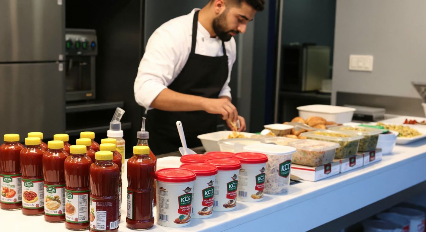 A bustling Turkish kitchen counter displays an array of KHC products—bottles of ketchup and mayonnaise, jars of sauce, boxes of pasta, and frozen meals—with a chef in an apron preparing a meal nearby.