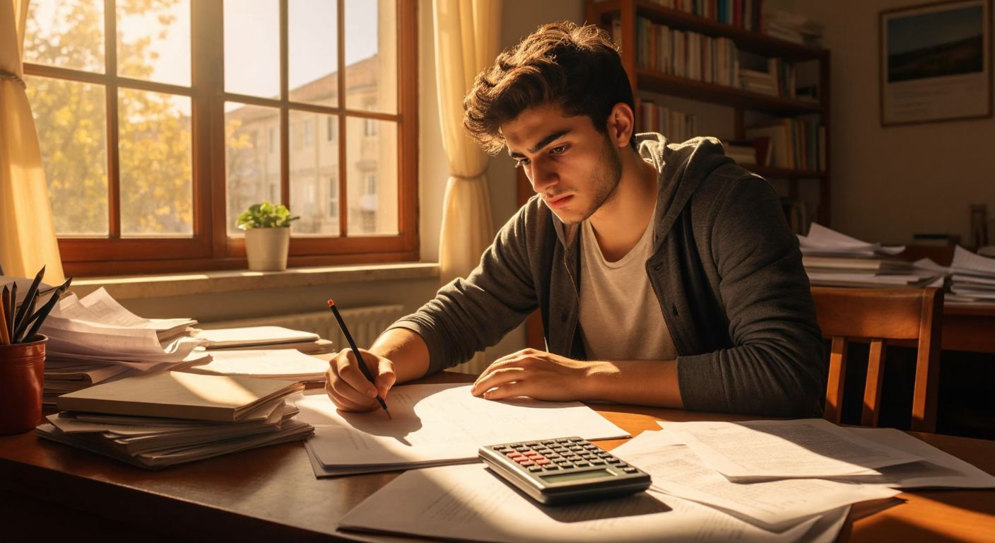 A determined Turkish student sits at a wooden desk in a sunlit room, surrounded by scattered study papers and a calculator, intently solving practice test questions with a focused expression.
