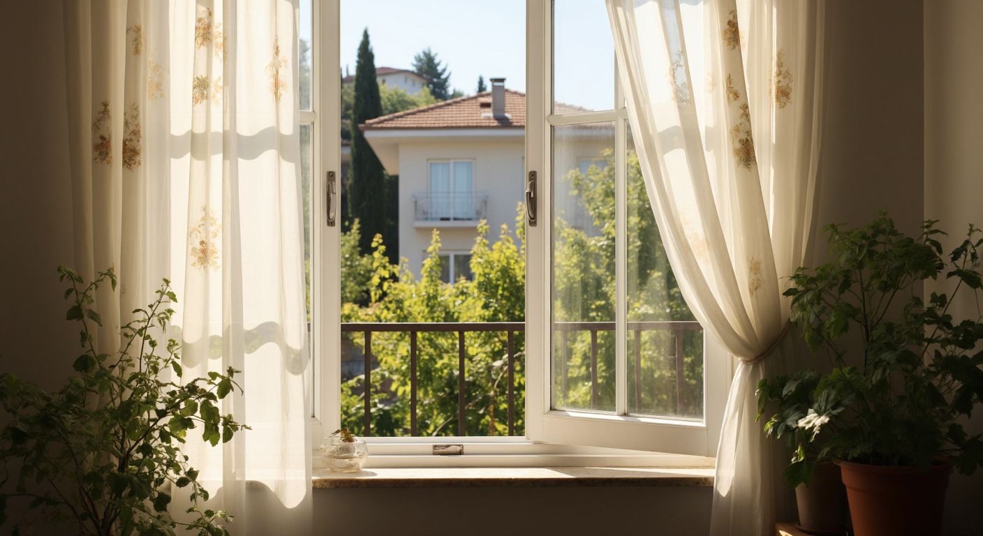 A close-up of a slightly ajar white PVC window in a Turkish home, with loose fittings and worn-out seals, letting in a faint breeze that rustles the sheer curtains.