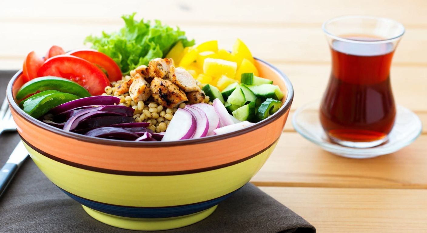A colorful ceramic bowl filled with layers of fresh vegetables, grains, and grilled chicken, placed on a wooden table with a traditional Turkish tea glass nearby.