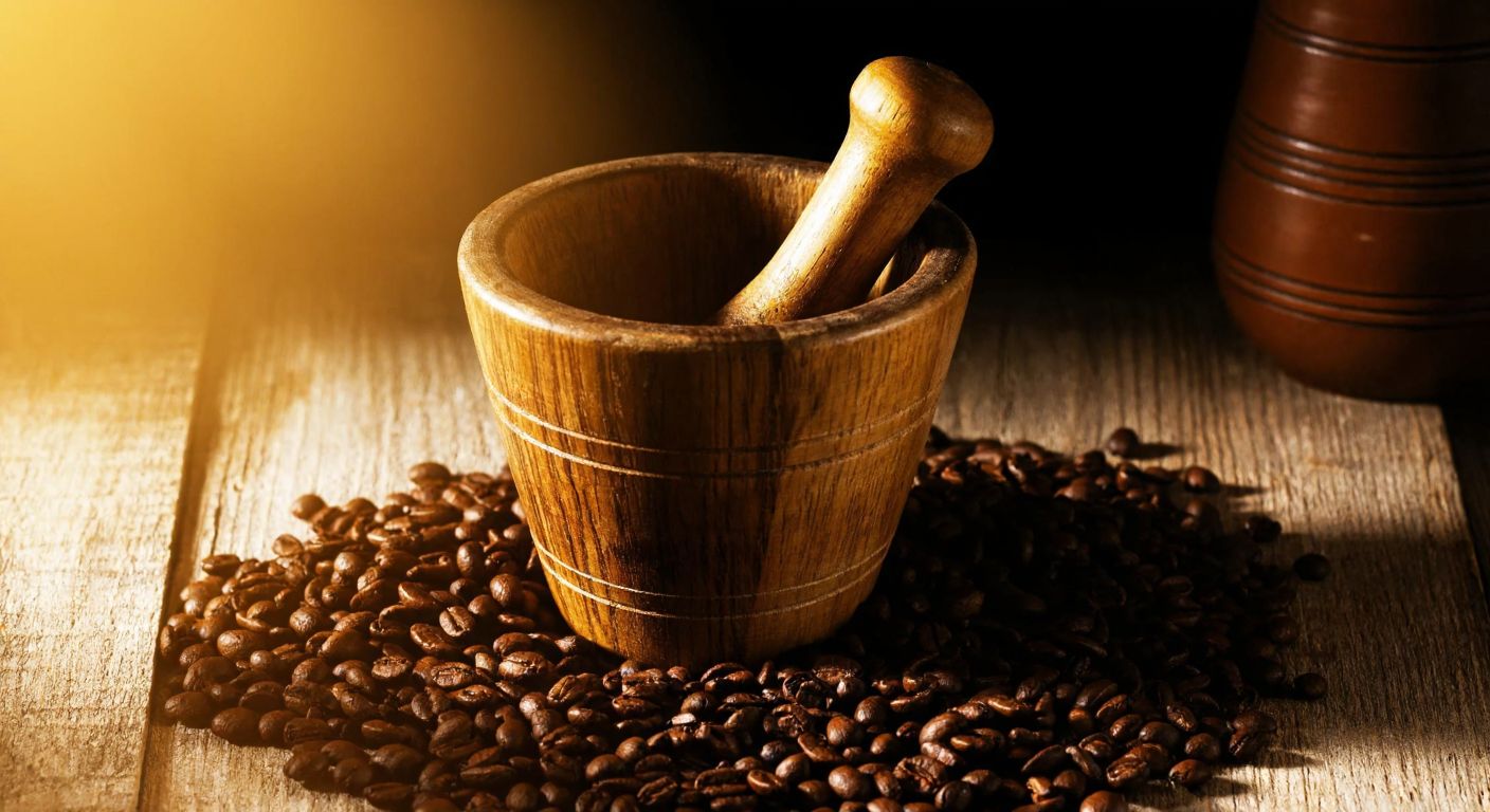 A weathered wooden mortar and pestle resting on a rustic table, surrounded by freshly ground coffee beans and a warm, golden light evoking the traditional Turkish coffee-making process.
