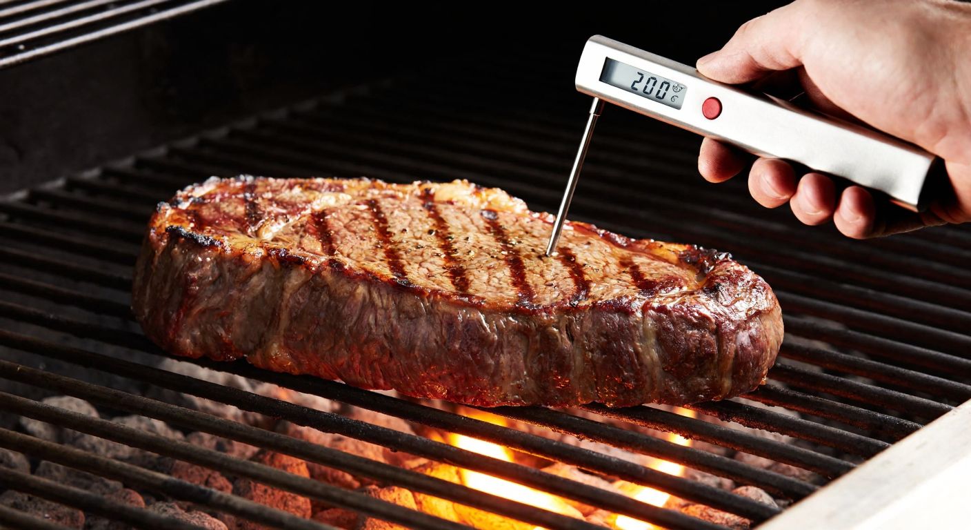 A juicy, thick-cut steak sizzling on a grill, with visible grill marks and a warm pink center, surrounded by glowing embers and a chef's hand holding a meat thermometer showing the ideal temperature.