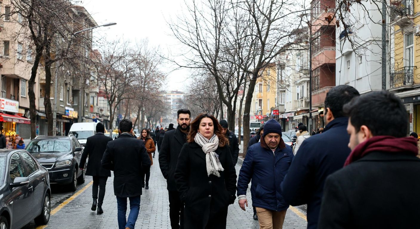 A chilly Kadıköy street scene with people bundled in coats and scarves, their breath visible in the crisp air, while leafless trees and a gray sky suggest winter's grip on the Istanbul district.