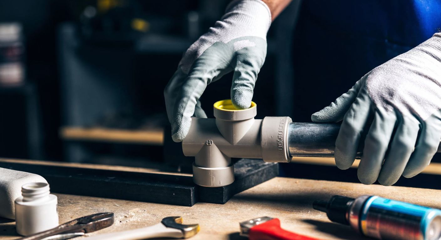 A close-up of a worker’s gloved hands carefully attaching a T-fitting to a PVC pipe in a dimly lit workshop, with tools like sandpaper and primer bottles scattered nearby.