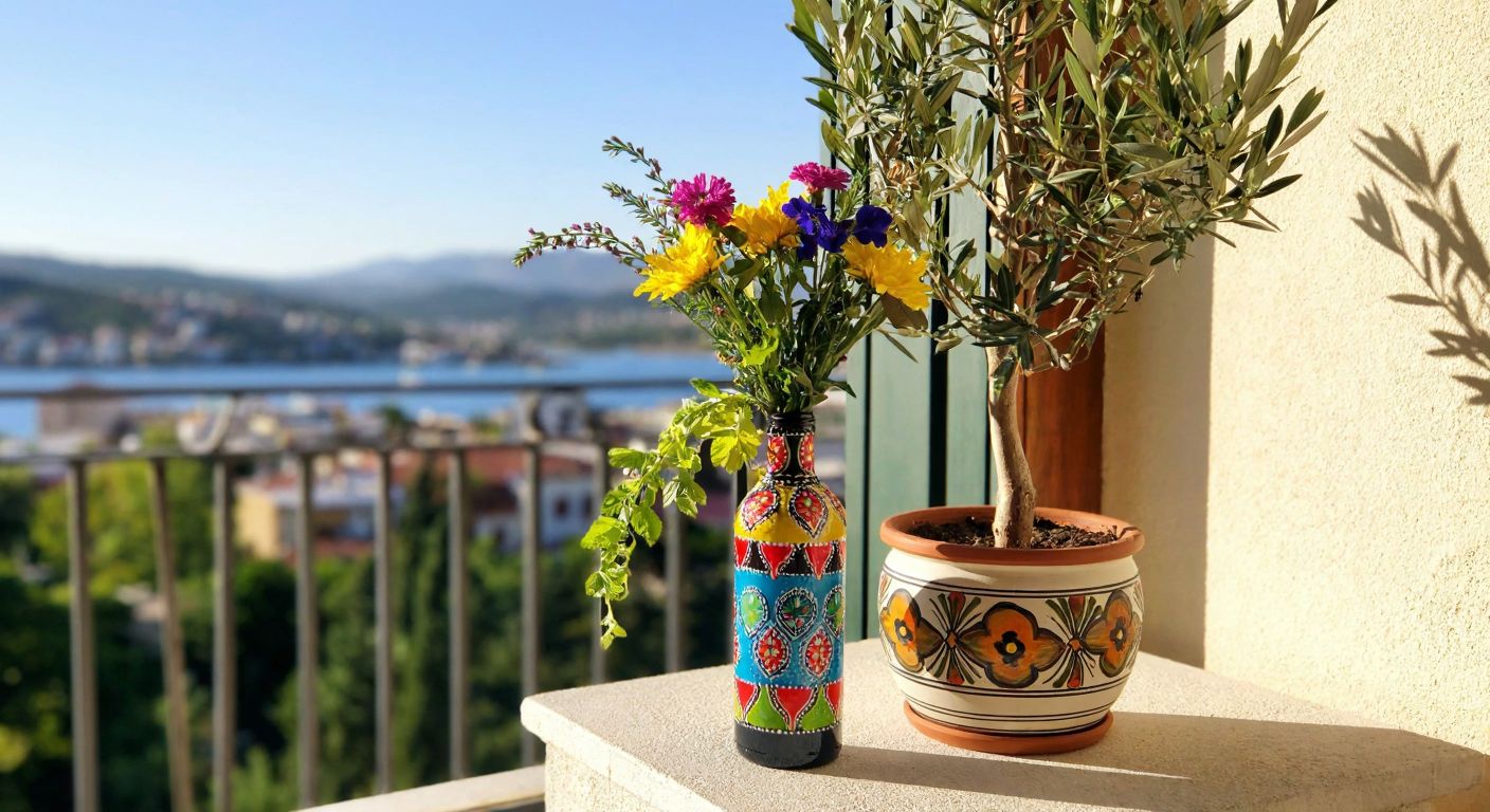 A sunlit Turkish balcony with a repurposed wine bottle as a colorful vase holding fresh wildflowers, next to a hand-painted ceramic pot with a small olive tree.