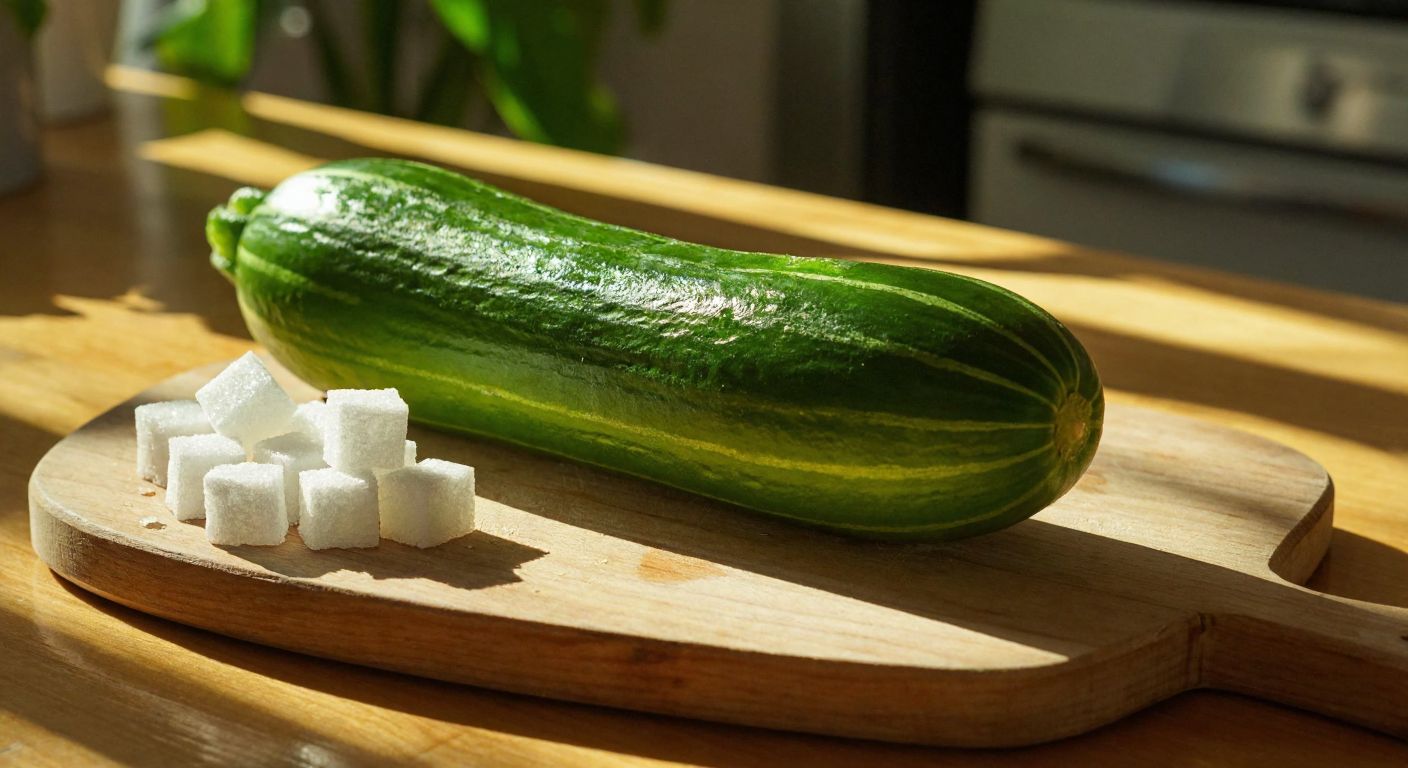 A crisp green cucumber sliced open on a wooden cutting board, with a small pile of sugar cubes beside it, under warm sunlight in a Turkish kitchen.