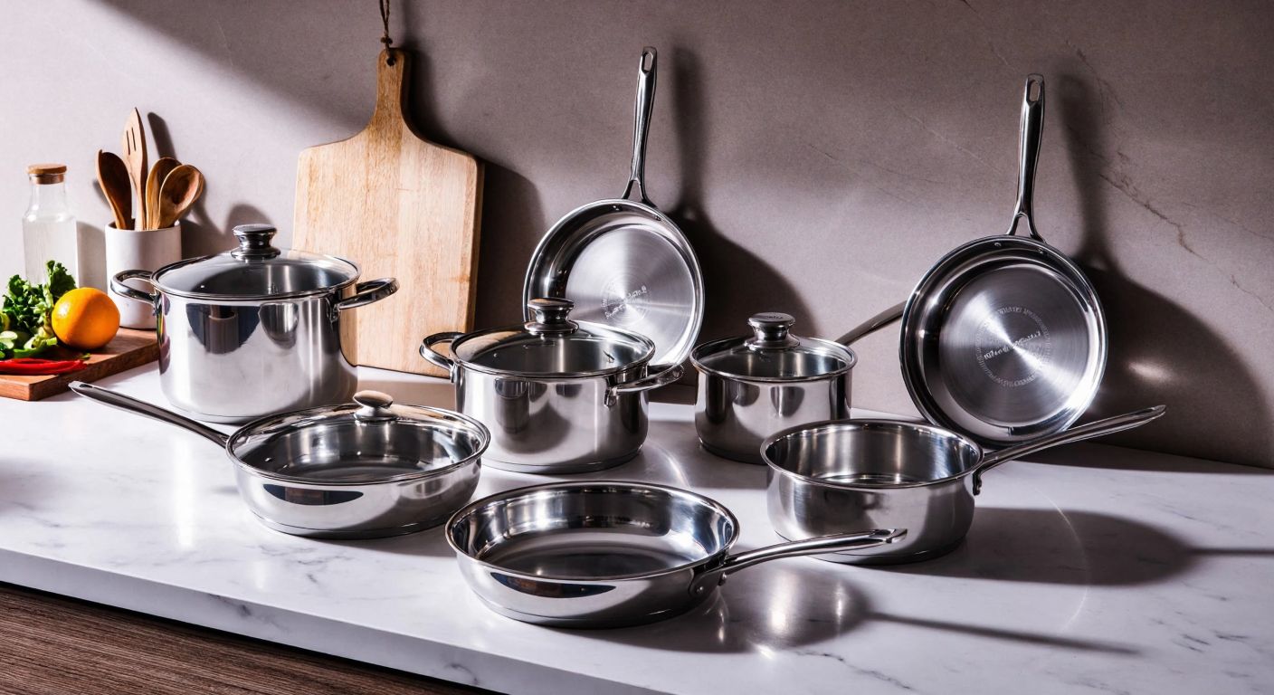 A Turkish kitchen with gleaming stainless steel pots and pans from an Ar Yıldız set neatly arranged on a marble countertop, sunlight reflecting off their polished surfaces.