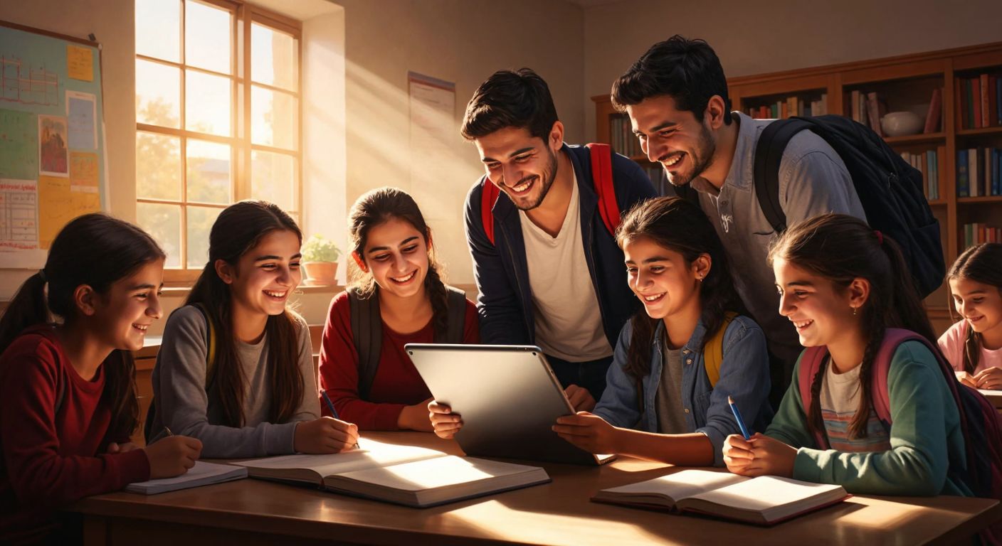 A group of smiling Turkish students and a teacher gathered around a tablet and physical books, with a warm classroom setting and sunlight streaming through the window.