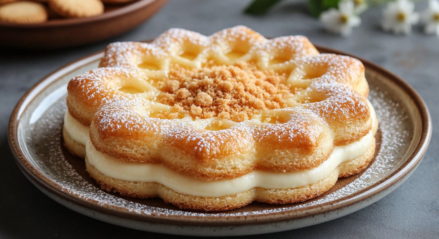 A golden-brown, flower-shaped Turkish dessert (hanımeli tatlısı) sits on a ceramic plate, its delicate layers filled with creamy white muhallebi, garnished with crushed biscuits and a dusting of powdered sugar, evoking warmth and sweetness.