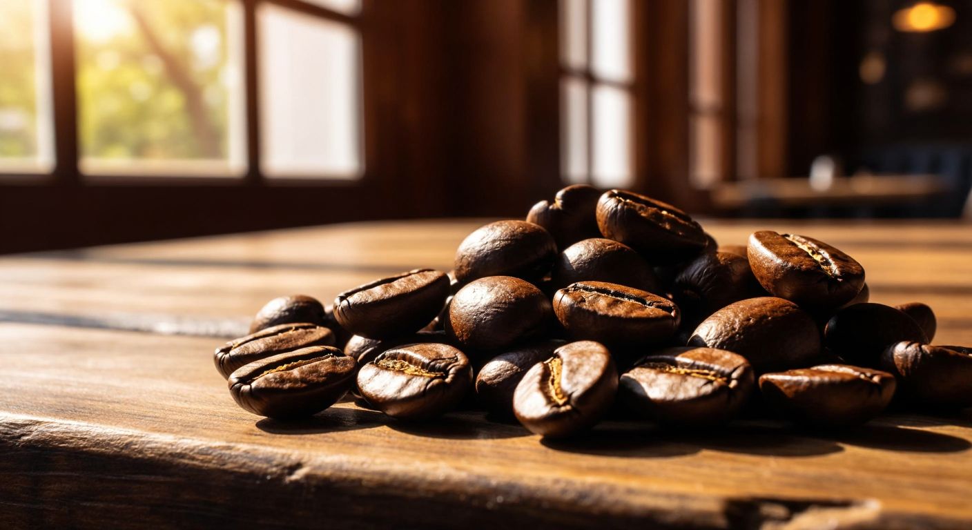 A close-up of large, glossy coffee beans resting on a rustic wooden table in a cozy Turkish café, with warm sunlight filtering through the window.
