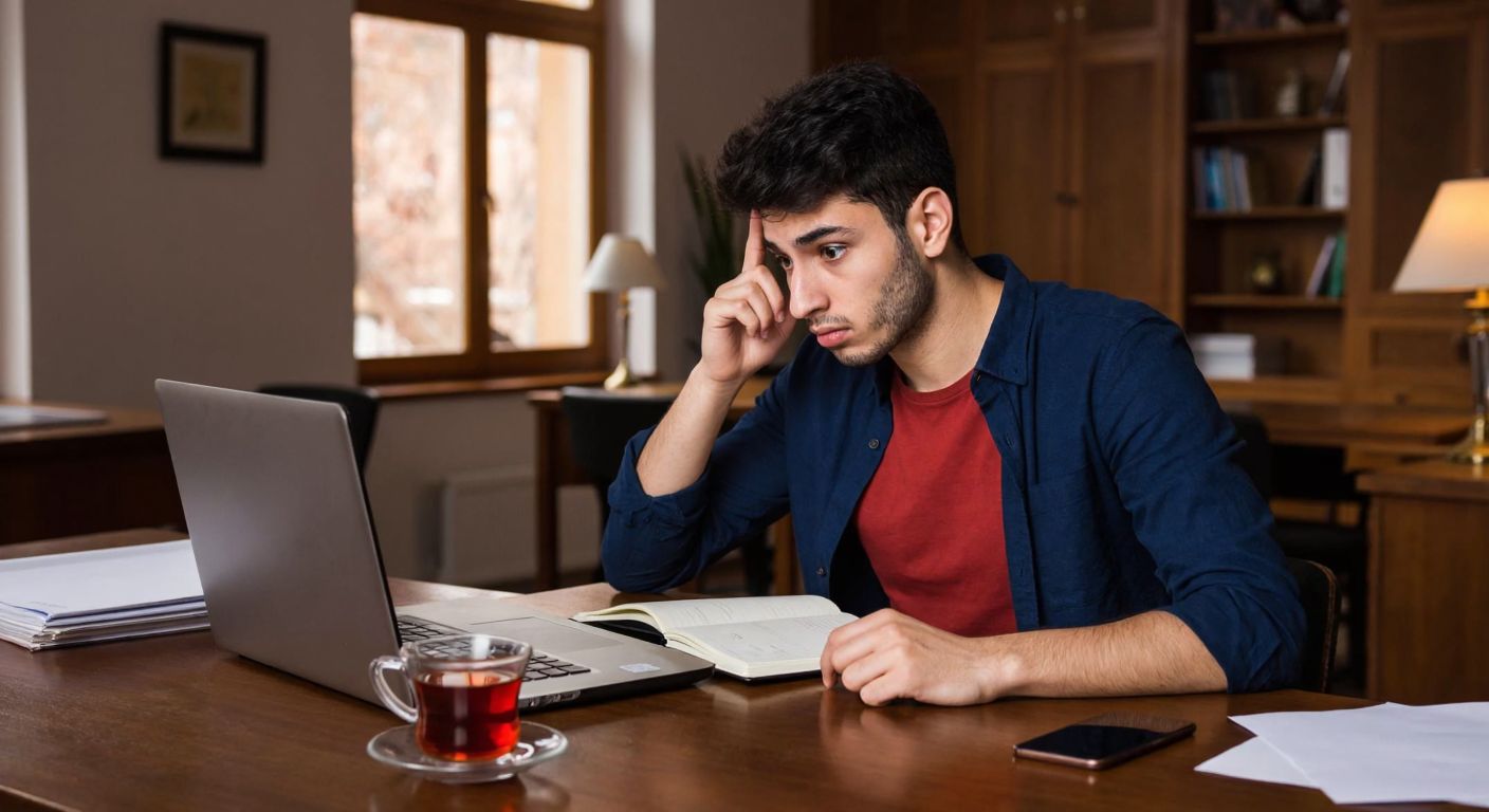A Turkish student sitting at a wooden desk with a laptop open, looking conflicted while holding a notebook with one hand and rubbing their temple with the other, surrounded by scattered papers and a steaming cup of çay (tea) on a saucer.