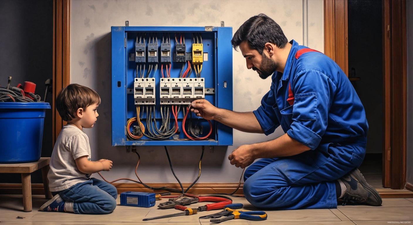 A Turkish electrician in a blue work uniform carefully repairs a household fuse box while a curious child watches from a safe distance, with tools scattered on a wooden table nearby.