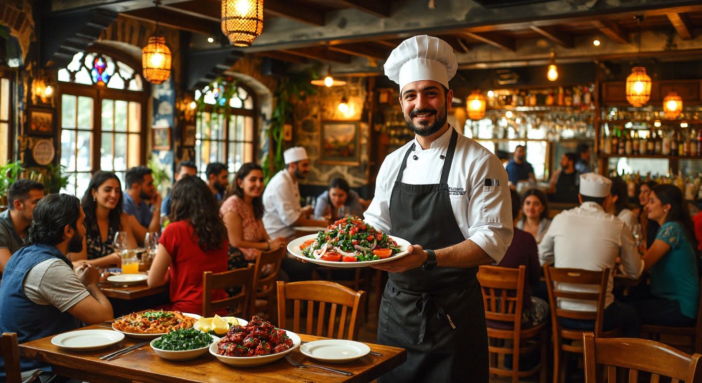 A cozy Turkish meyhane with a bustling atmosphere, where a chef proudly presents a large plate of fresh, colorful dishes to a diverse group of diners, some smiling in delight while others look slightly impatient.