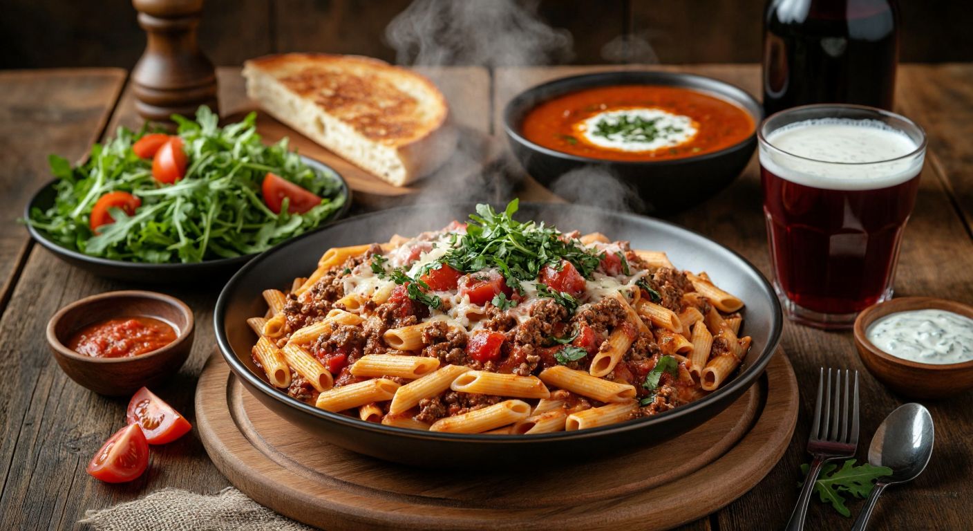 A steaming plate of Bolognese pasta sits at the center of a rustic wooden table, surrounded by a fresh green salad with arugula and tomatoes, a slice of garlicky cheese bread, a bowl of creamy tomato soup, a glass of red wine, and a chilled bottle of ayran, all bathed in warm Turkish kitchen light.