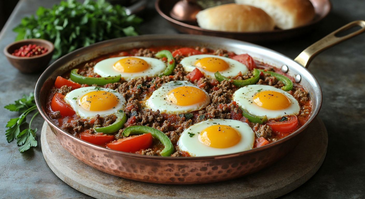 A steaming copper pan of kıymalı menemen with golden-yolked eggs cracked over a vibrant mix of sautéed tomatoes, green peppers, and minced meat, resting on a rustic Turkish kitchen counter with fresh herbs nearby.
