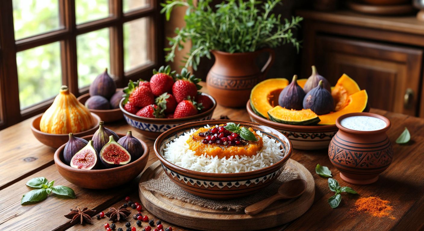 A warm wooden table in a cozy Turkish kitchen displays a colorful spread of recommended Vata-balancing foods—steaming rice with saffron, roasted pumpkin drizzled with olive oil, a bowl of fresh figs and strawberries, and a clay pot of ayran, surrounded by aromatic spices like cinnamon and basil.