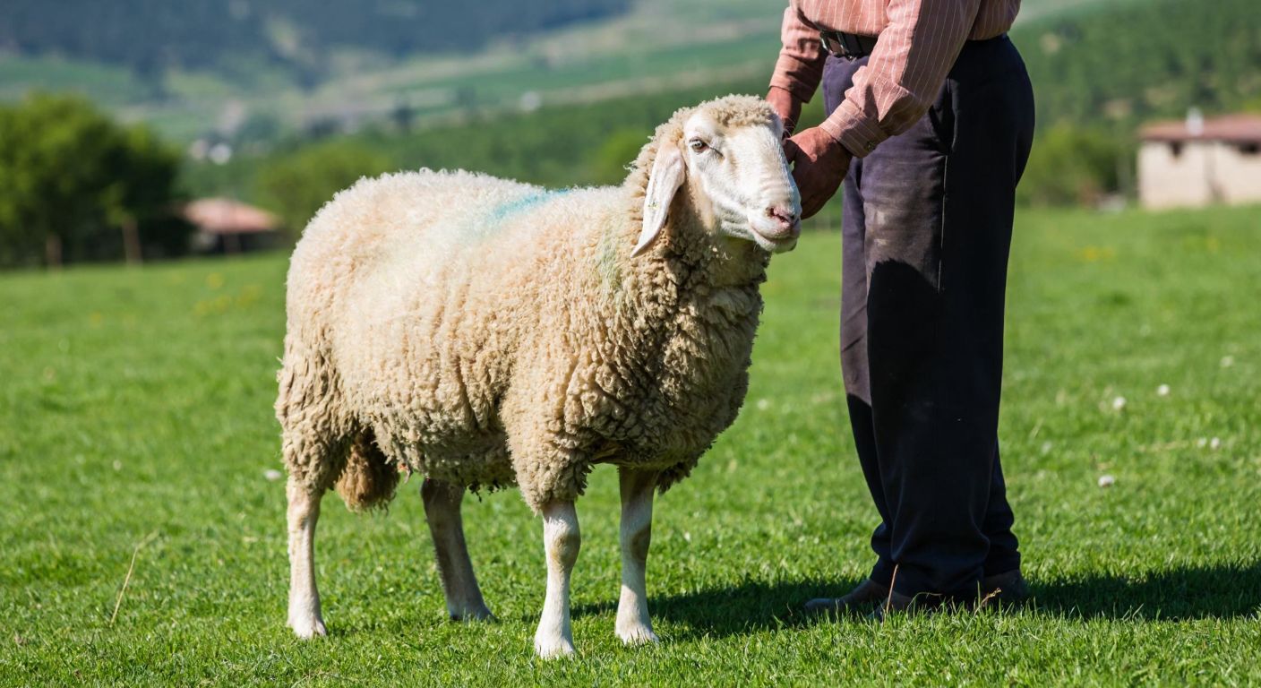 A plump, healthy Kıvırcık sheep standing in a sunlit green pasture in the Turkish countryside, its wool slightly curly, with a content expression as a farmer in traditional attire gently pats its side.