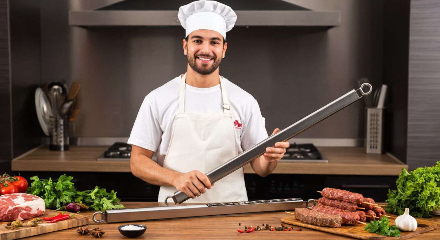 A stainless steel kebapmatik tool rests on a wooden kitchen counter, surrounded by freshly shaped kebabs and aromatic spices, with a smiling Turkish chef in a white apron holding it proudly.