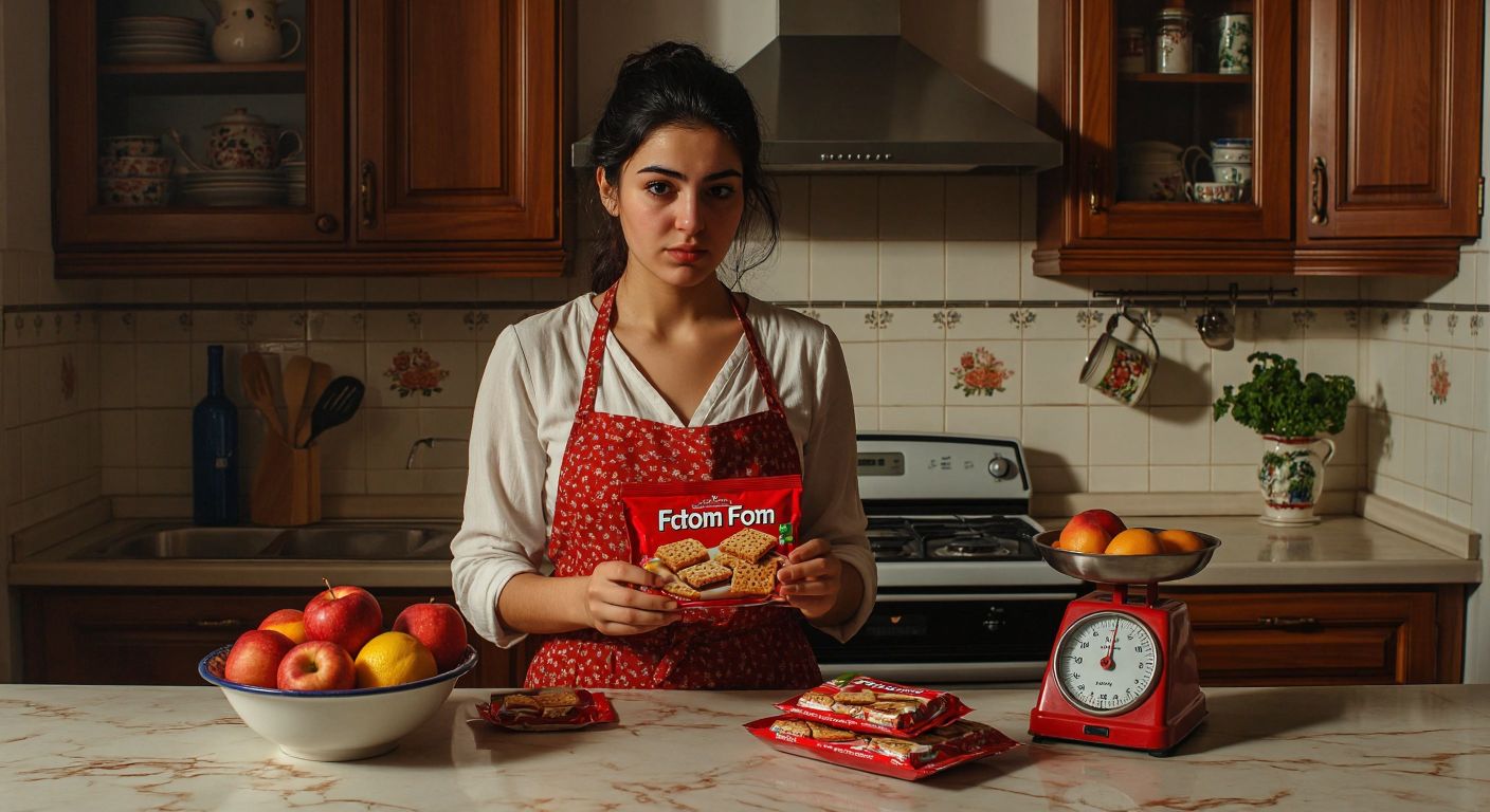 A Turkish woman in a kitchen hesitantly holding a packet of Eti Form biscuits while a small bowl of fresh fruit sits on the counter beside a kitchen scale.
