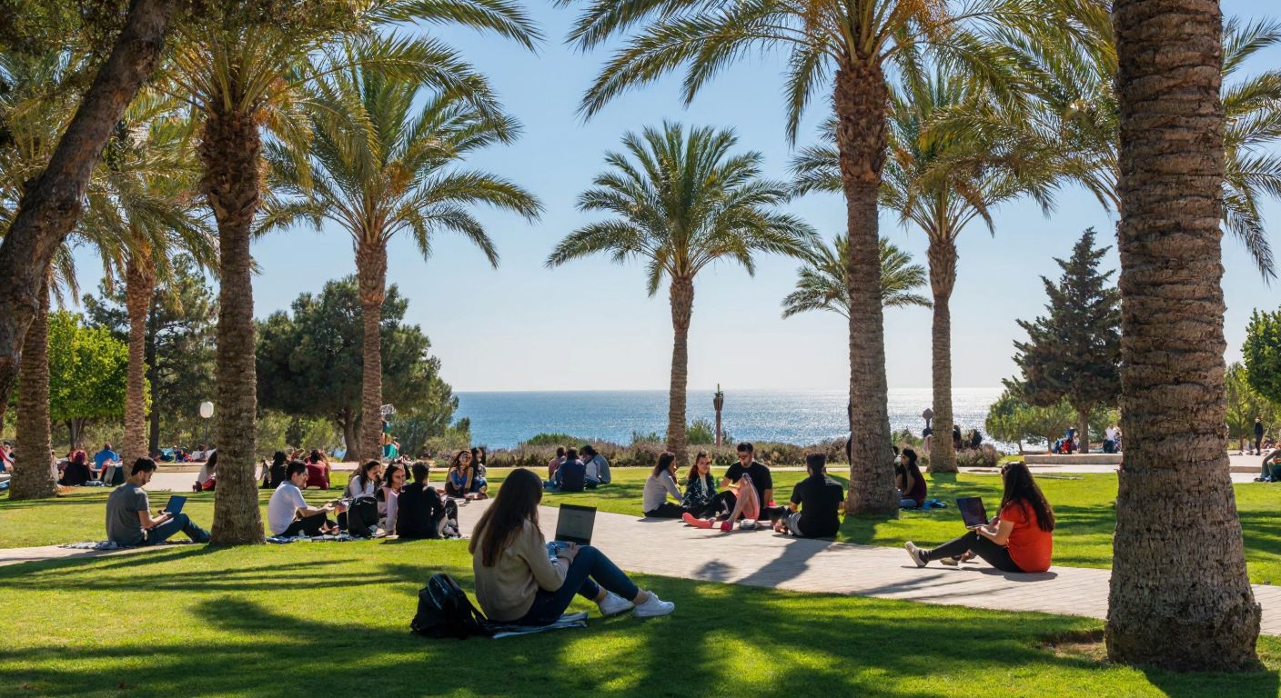 A sunlit university campus in Mersin with students sitting under palm trees, some holding laptops while others chat, overlooking the Mediterranean Sea in the distance.