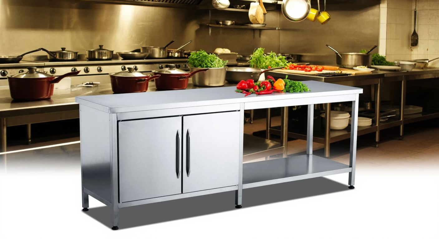 A sturdy stainless steel kitchen workbench with built-in cabinets underneath, placed in a bustling Turkish restaurant kitchen, surrounded by pots, pans, and fresh ingredients like peppers and herbs.
