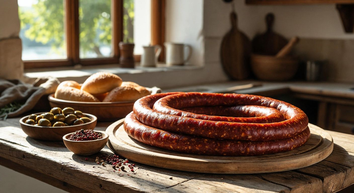 A rustic wooden table in a sunlit Turkish kitchen holds a coiled **Divan sucuk** from Kayseri, its dark red spices glistening, with fresh bread and a small bowl of olives beside it.