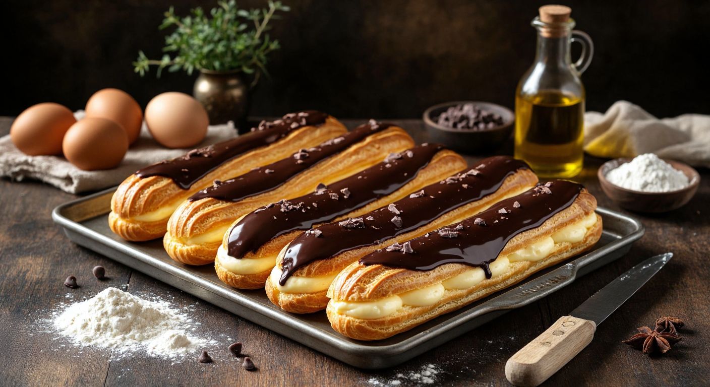 A warm Turkish kitchen with golden-brown éclairs lined on a tray, filled with creamy custard and dipped in glossy melted chocolate, surrounded by scattered ingredients like eggs, flour, and a bottle of liquid oil.