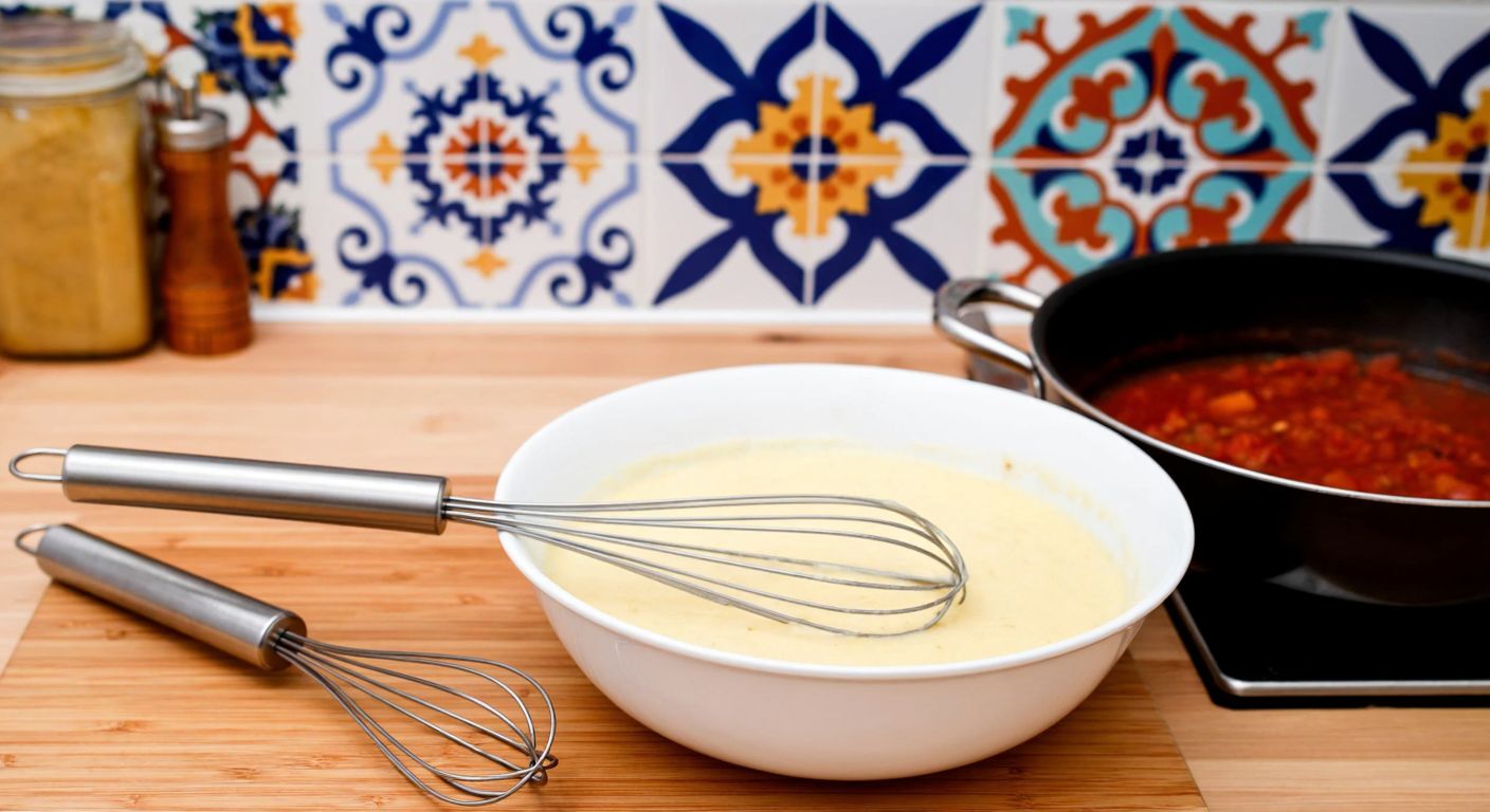 A stainless steel whisk set rests on a wooden countertop beside a bowl of fluffy cake batter, with a warm Turkish kitchen backdrop featuring colorful ceramic tiles and a simmering pot of tomato sauce.
