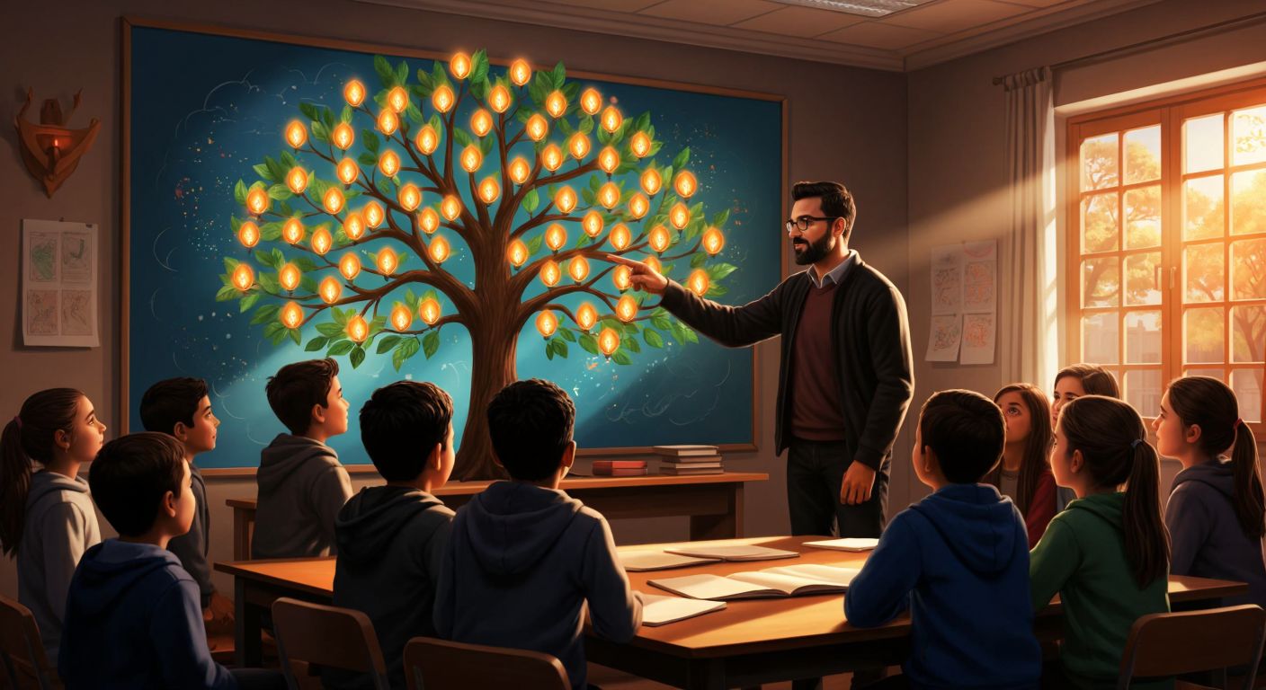 A vibrant Turkish classroom with diverse students attentively gathered around a teacher pointing to a large, illustrated tree with twenty glowing leaves, each symbolizing a core value, rooted in respect, responsibility, and justice.