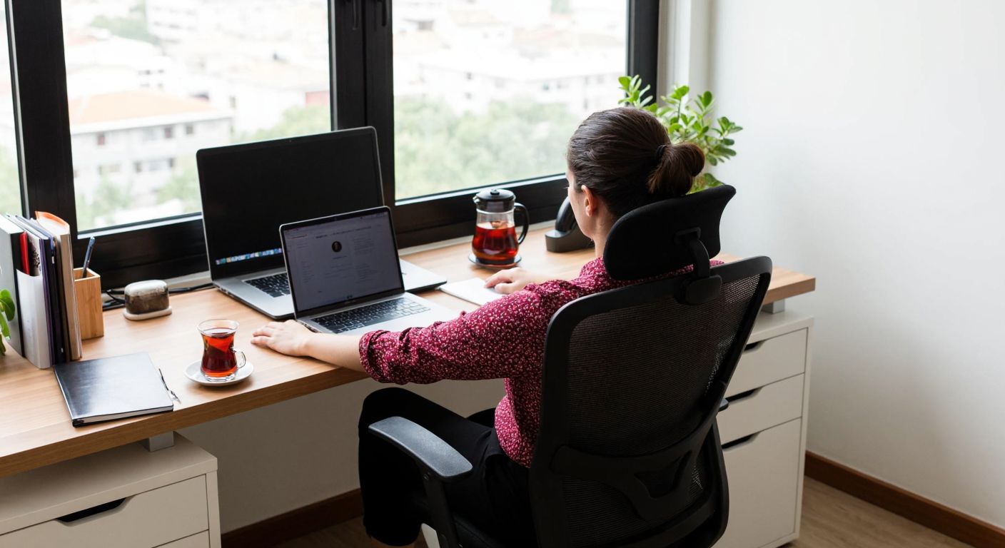 A person in Turkey sits at a well-organized desk with an ergonomic chair, a laptop at eye level, and a notepad nearby, taking a stretch break with a cup of Turkish tea on the side.