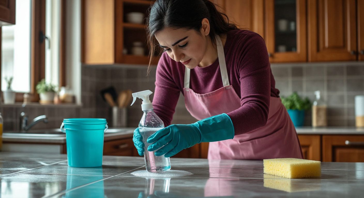 A Turkish woman in a kitchen wearing rubber gloves carefully pours a clear liquid from a labeled bottle onto a ceramic tile, with a bucket and sponge nearby, illustrating the use of hydrochloric acid for cleaning.