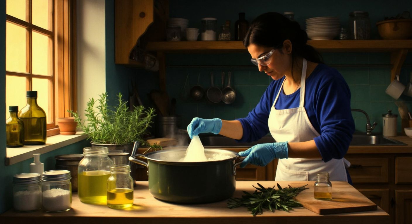 A Turkish woman in a home kitchen carefully stirs a bubbling pot of olive oil and soap mixture while wearing gloves and safety goggles, with jars of essential oils and glycerin nearby on a wooden counter.